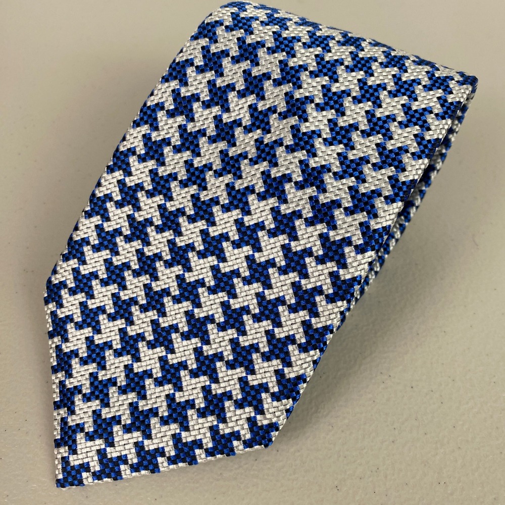 Charles Tyrwhitt Handmade England Men 3.25" Blue Silver Silk Houndstooth Tie